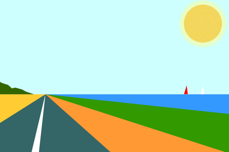 Road, sea, sailboats, one red